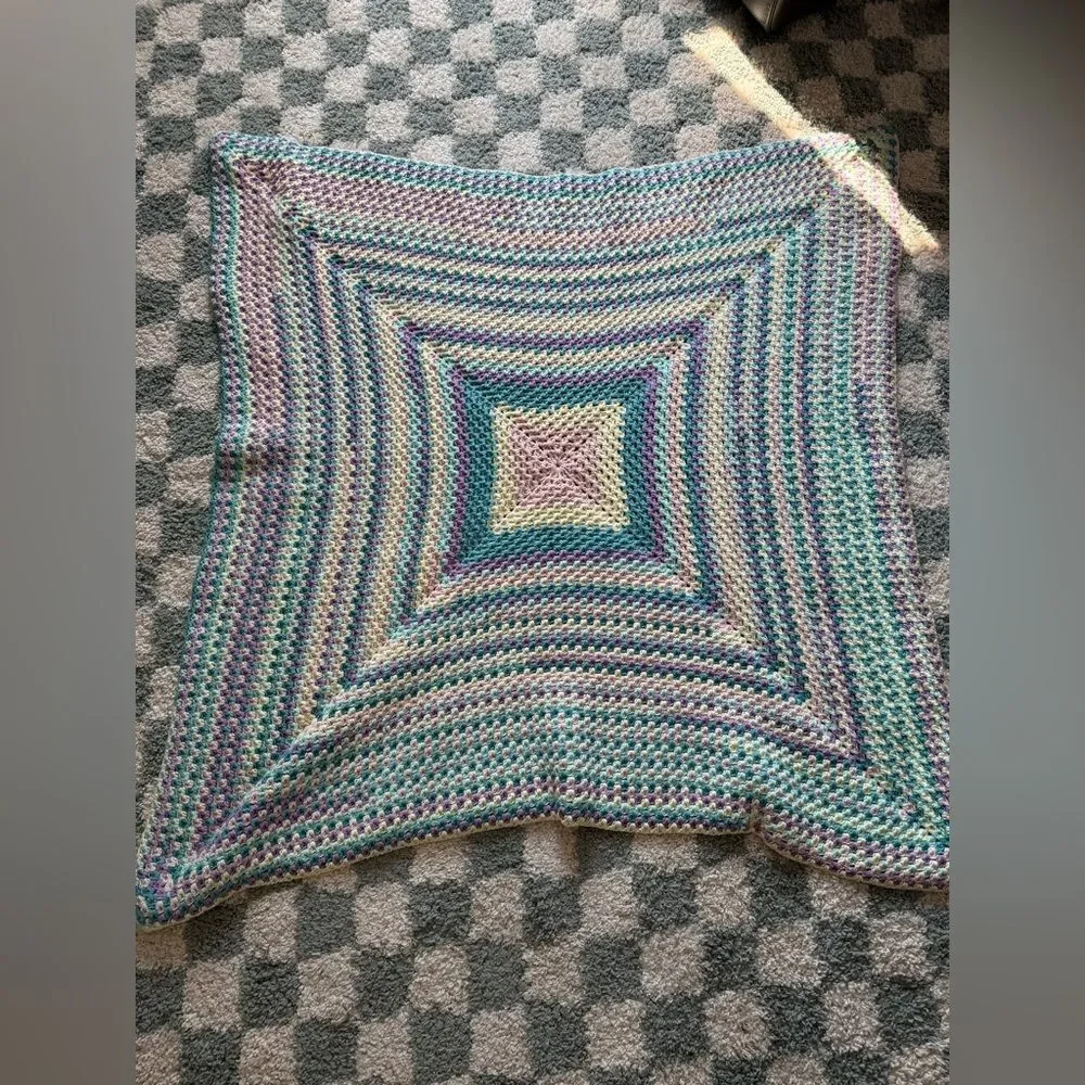 VTG 70s Afghan Blanket Crochet Hippie Boho Multi Color Handmade Blue Pink Cream